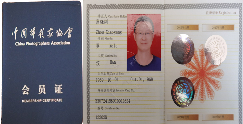 周晓刚摄影获奖证书与中国摄影家协会会员证